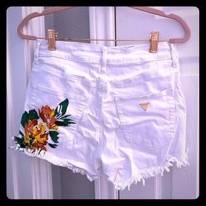 Guess White Fringe Jean Shorts with Tropical Print